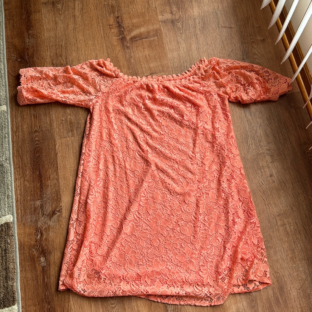 Large lace dress coral colored. Can be worn as off the shoulder